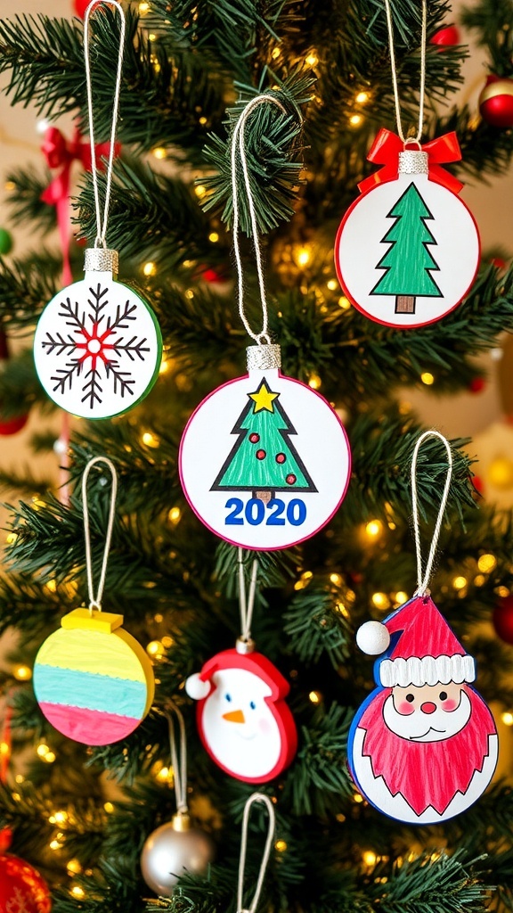 DIY Christmas Drawing Ornaments Colorful DIY Christmas ornaments with various designs hanging on a decorated Christmas tree.